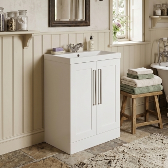 Delphi Grange Satin White 600mm 2-Door Floor Standing Vanity Unit with Basin | Product Image