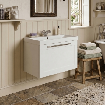 Delphi Grange Satin White 600mm 1-Drawer Wall Hung Vanity Unit with Basin | Product Image