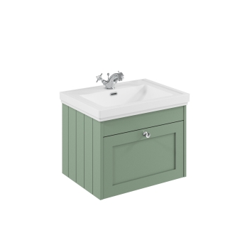 Delphi Hayloft Satin Green 600mm 1-Drawer Wall Hung Vanity Unit (inc Fireclay 1TH Basin) | Product Image