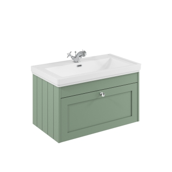 Delphi Hayloft Satin Green 800mm 1-Drawer Wall Hung Vanity Unit (inc Fireclay 1TH Basin) | Product Image