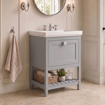 Delphi Homestead Cool Grey 600mm 1-Drawer Floor Standing Traditional Vanity Unit (inc Fireclay Basin 3TH) | Product Image