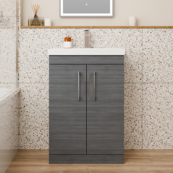 Delphi Horizon Anthracite Woodgrain 600mm 2-Door Floor Standing Vanity Unit (inc Basin) | Product Image