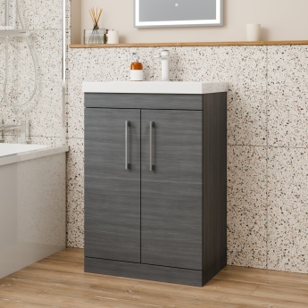 Delphi Horizon Anthracite Woodgrain 600mm 2-Door Floor Standing Vanity Unit (inc Basin) | Product Image