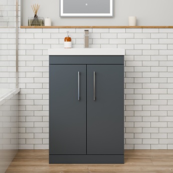 Delphi Horizon Gloss Grey 600mm 2-Door Floor Standing Vanity Unit (inc Basin) | Product Image