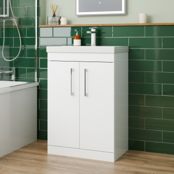 Delphi Horizon Gloss White 600mm 2-Door Floor Standing Vanity Unit (inc Basin) | Product Image