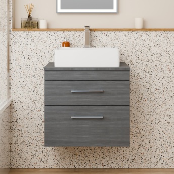 Delphi Horizon Anthracite Woodgrain 600mm 2-Drawer Wall Hung Countertop Vanity Unit | Product Image