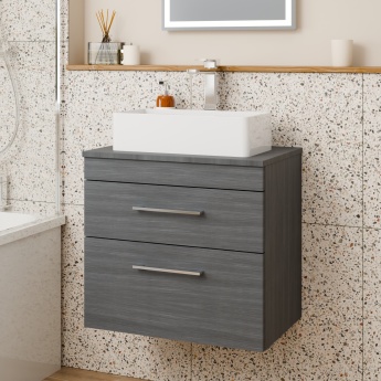 Delphi Horizon Anthracite Woodgrain 600mm 2-Drawer Wall Hung Countertop Vanity Unit | Product Image