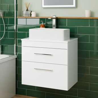 Delphi Horizon Gloss White 600mm 2-Drawer Wall Hung Countertop Vanity Unit | Product Image
