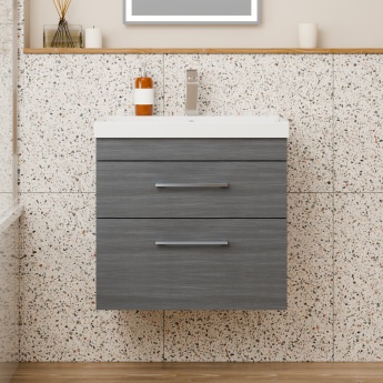 Delphi Horizon Anthracite Woodgrain 600mm 2-Drawer Wall Hung Vanity Unit (inc Basin) | Product Image