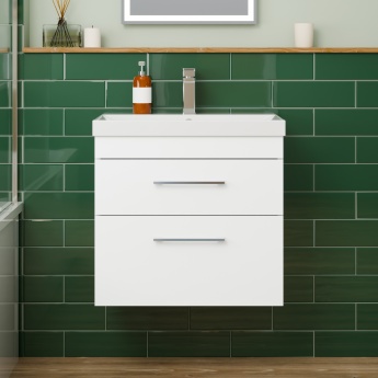 Delphi Horizon Gloss White 600mm 2-Drawer Wall Hung Vanity Unit (inc Basin) | Product Image