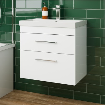 Delphi Horizon Gloss White 600mm 2-Drawer Wall Hung Vanity Unit (inc Basin) | Product Image