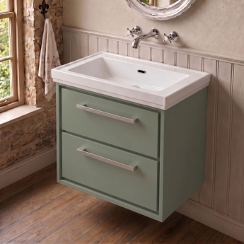 Delphi Lodge Fern Green 600mm 2-Drawer Wall Hung Vanity Unit (inc 0TH Classic Basin) | Product Image