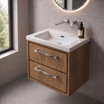 Delphi Lodge Antique Oak 600mm 2-Drawer Wall Hung Vanity Unit (inc 0TH Modern Basin) | Product Image