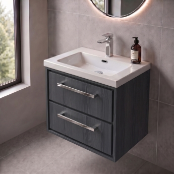 Delphi Lodge 600mm 2-Drawer Wall Hung Vanity Unit (inc Premium Fireclay Basin) | Product Image
