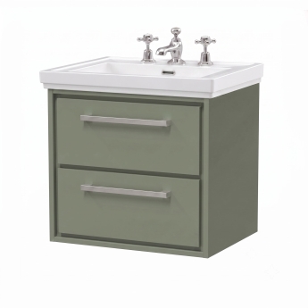Delphi Lodge Fern Green 600mm 2-Drawer Wall Hung Vanity Unit (inc 3TH Classic Basin) | Product Image