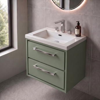 Delphi Lodge Fern Green 600mm 2-Drawer Wall Hung Vanity Unit (inc 3TH Modern Basin) | Product Image