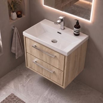 Delphi Lodge 600mm 2-Drawer Wall Hung Vanity Unit (inc Ceramic Basin) | Product Image