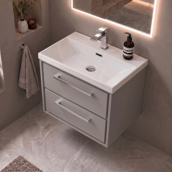 Delphi Lodge 600mm 2-Drawer Wall Hung Vanity Unit (inc Ceramic Basin) | Product Image