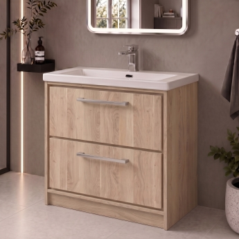 Delphi Lodge Bleached Oak 800mm 2-Drawer Floor Standing Vanity Unit (inc 1TH Modern Basin) | Product Image