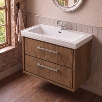 Delphi Lodge Antique Oak 800mm 2-Drawer Wall Hung Vanity Unit (inc 1TH Classic Basin) | Product Image