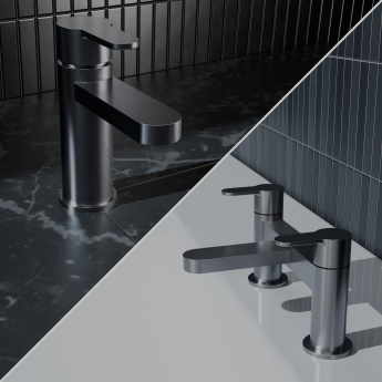 Delphi Loop Brushed Pewter Basin Mixer and Bath Filler Tap Set (inc Press Top Waste) | Product Image