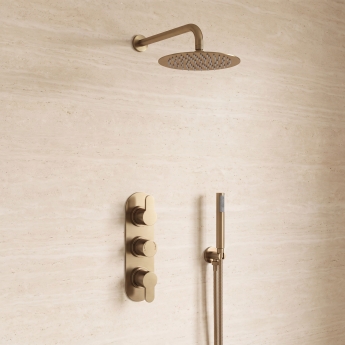 Delphi Loop Brushed Brass Triple Concealed Shower Set with Fixed Head and Handset | Product Image