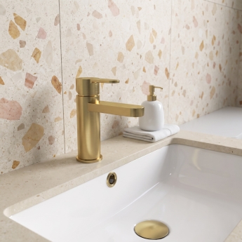 Delphi Loop Brushed Brass Mono Basin Mixer Tap (inc Press Top Waste) | Product Image