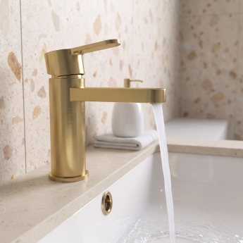 Delphi Loop Brushed Brass Mono Basin Mixer Tap (inc Press Top Waste) | Product Image