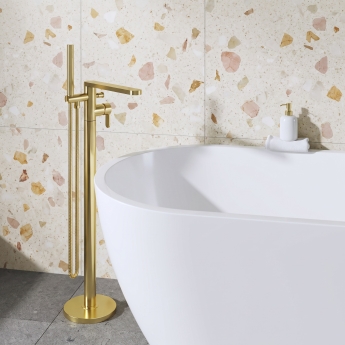 Delphi Loop Brushed Brass Freestanding Bath Shower Mixer Tap (inc Kit) | Product Image