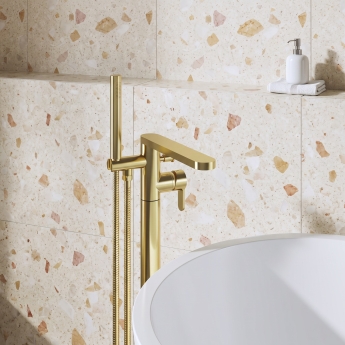 Delphi Loop Brushed Brass Freestanding Bath Shower Mixer Tap (inc Kit) | Product Image