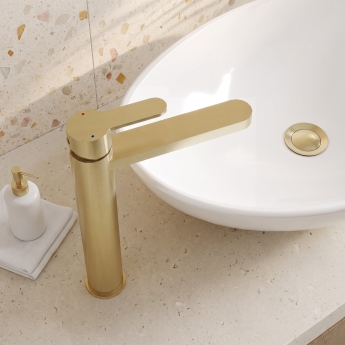 Delphi Loop Brushed Brass Tall Mono Basin Mixer Tap | Product Image