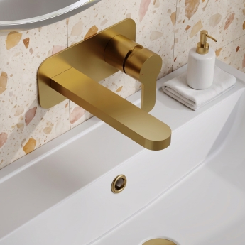 Delphi Loop Brushed Brass 2-Hole Wall Mounted Basin Mixer Tap (with Plate) | Product Image