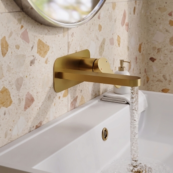 Delphi Loop Brushed Brass 2-Hole Wall Mounted Basin Mixer Tap (inc Backplate) | Product Image