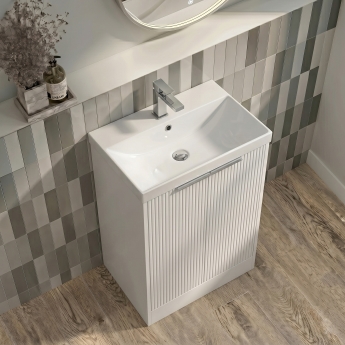 Delphi Lyra Satin White 600mm 2-Door Floor Standing Waterproof Vanity Unit with Basin | Product Image