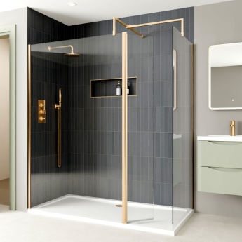 Delphi Optics Brushed Brass Walk-In Shower Enclosure with Return Panel | Product Image