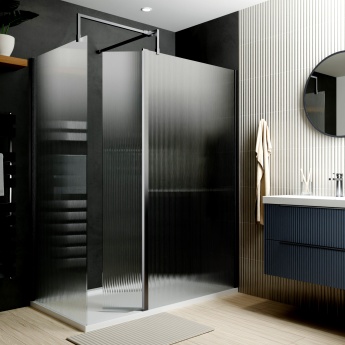 Delphi Optics Fluted Brushed Pewter Walk-In Shower Enclosure with Return Panel | Product Image