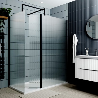Delphi Optics Fluted Matt Black Walk-In Shower Enclosure with Return Panel | Product Image
