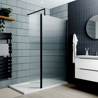 Delphi Optics Fluted Matt Black Wet Room Shower Screen with Return Panel | Product Image