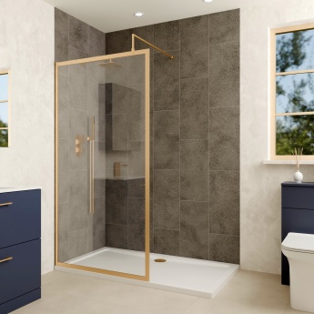 Delphi Optics Framed Brushed Brass Wet Room Shower Screen | Product Image