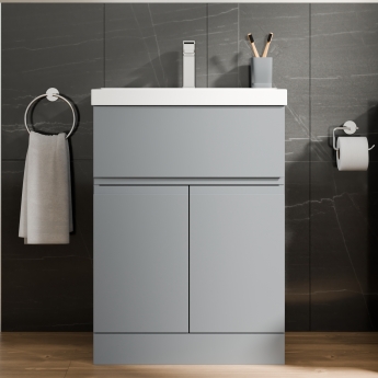 Delphi Penthouse Satin Grey 600mm 2-Door 1-Drawer Floor Standing Vanity Unit (inc Basin) | Product Image