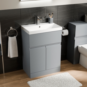 Delphi Penthouse Satin Grey 600mm 2-Door 1-Drawer Floor Standing Vanity Unit (inc Basin) | Product Image