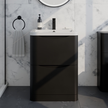 Delphi Polaris Satin Soft Black 600mm 2-Drawer Floor Standing Vanity Unit (inc Basin) | Product Image