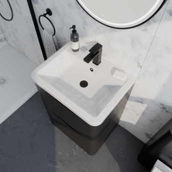 Delphi Polaris Satin Soft Black 600mm 2-Drawer Floor Standing Vanity Unit (inc Basin) | Product Image