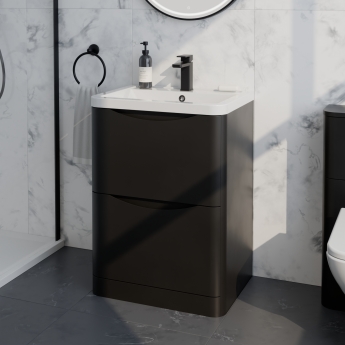 Delphi Polaris Satin Soft Black 600mm 2-Drawer Floor Standing Vanity Unit (inc Basin) | Product Image