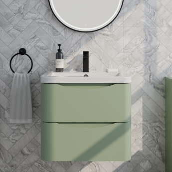 Delphi Polaris Satin Green 600mm 2-Drawer Wall Hung Vanity Unit (inc Basin) | Product Image