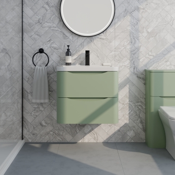 Delphi Polaris Satin Green 600mm 2-Drawer Wall Hung Vanity Unit (inc Basin) | Product Image