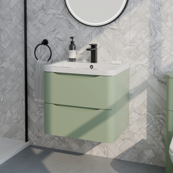 Delphi Polaris Satin Green 600mm 2-Drawer Wall Hung Vanity Unit (inc Basin) | Product Image