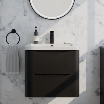 Delphi Polaris Satin Soft Black 600mm 2-Drawer Wall Hung Vanity Unit (inc Basin) | Product Image