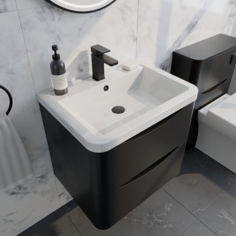 Delphi Polaris Satin Soft Black 600mm 2-Drawer Wall Hung Vanity Unit (inc Basin) | Product Image