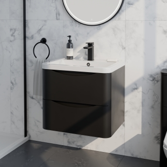 Delphi Polaris Satin Soft Black 600mm 2-Drawer Wall Hung Vanity Unit (inc Basin) | Product Image